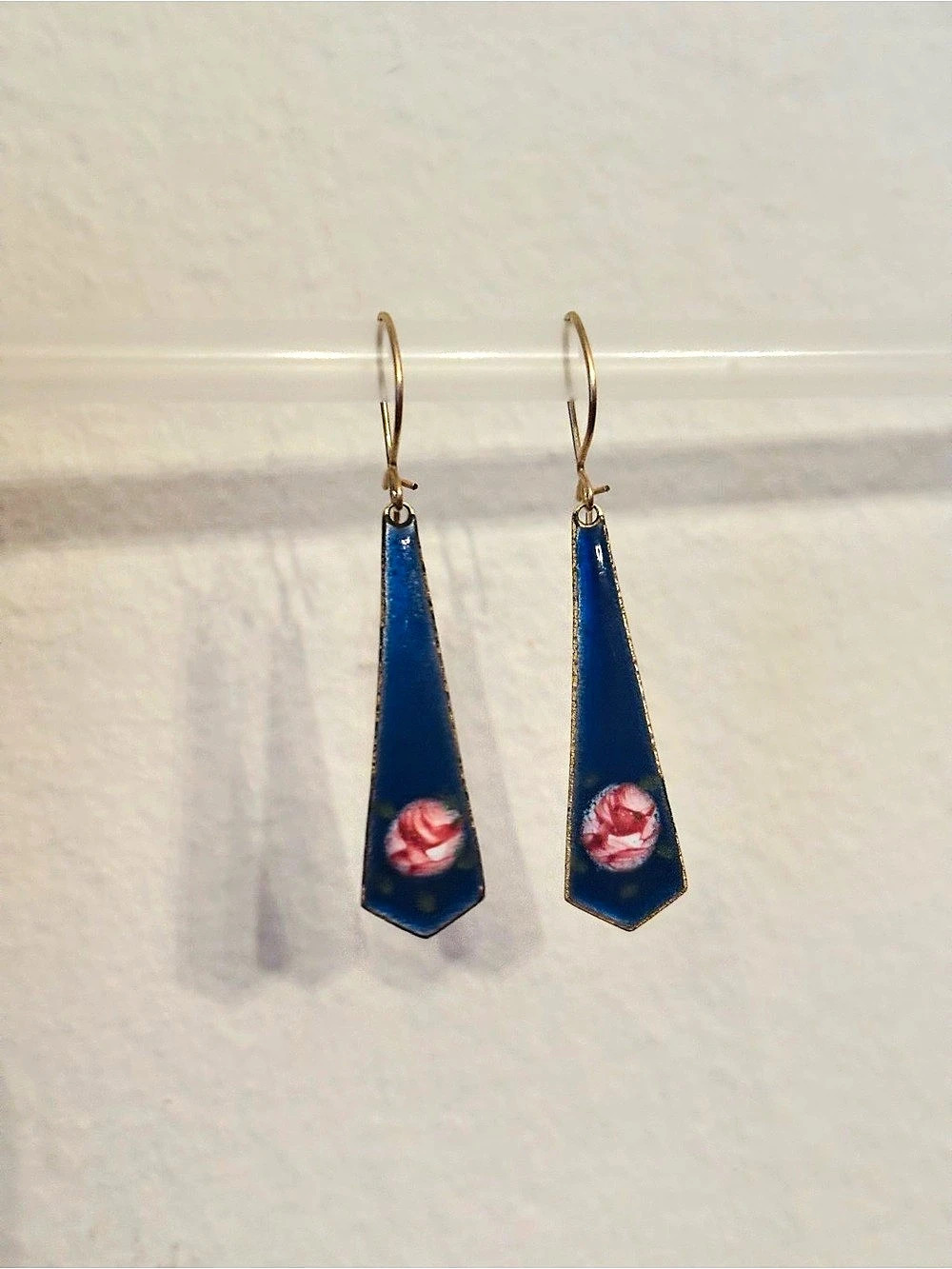 Gold Filled Vintage Enamel Rose Earrings Cobalt Blue 1970’s